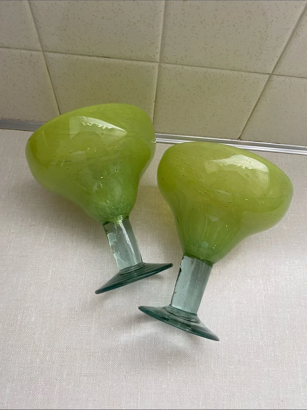 Chartreuse  Green  Mexican Bubble Glass Hand Blown Margarita Glasses set of 2